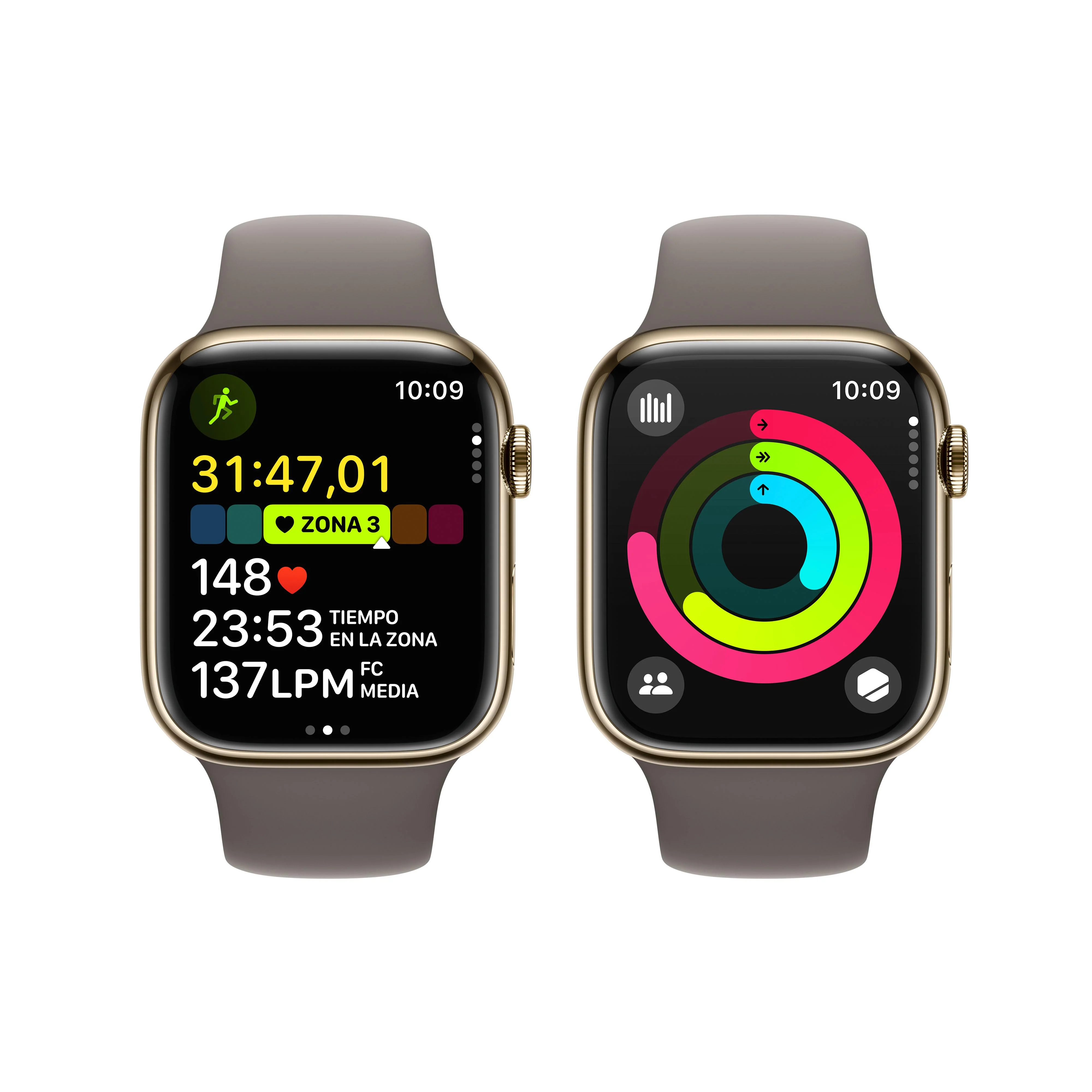 Apple Watch Series 9 (GPS + Cellular) - Caja de acero inoxidable en oro de 45 mm - Correa deportiva color arcilla - Talla M/L - Image 8